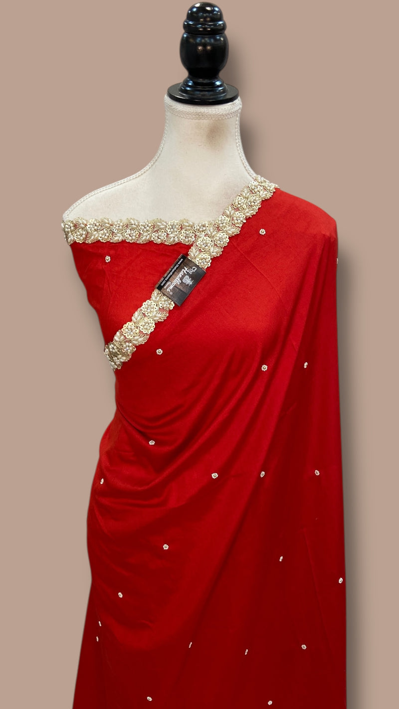 Pure Katan Chiniya Silk Handloom Banarasi Saree with Handwork - The Handlooms