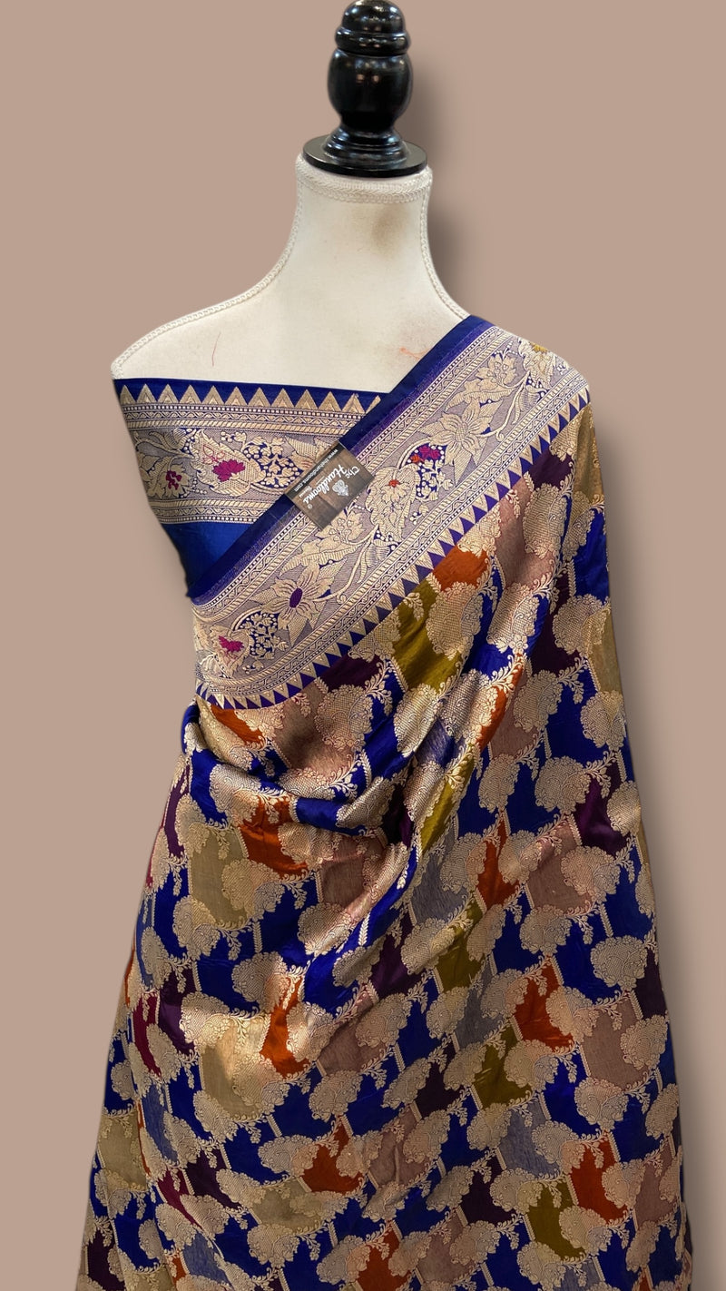 Multicolor Pure Katan Silk Banarasi Handloom Saree - All over Jaal Work With Rangkart - The Handlooms