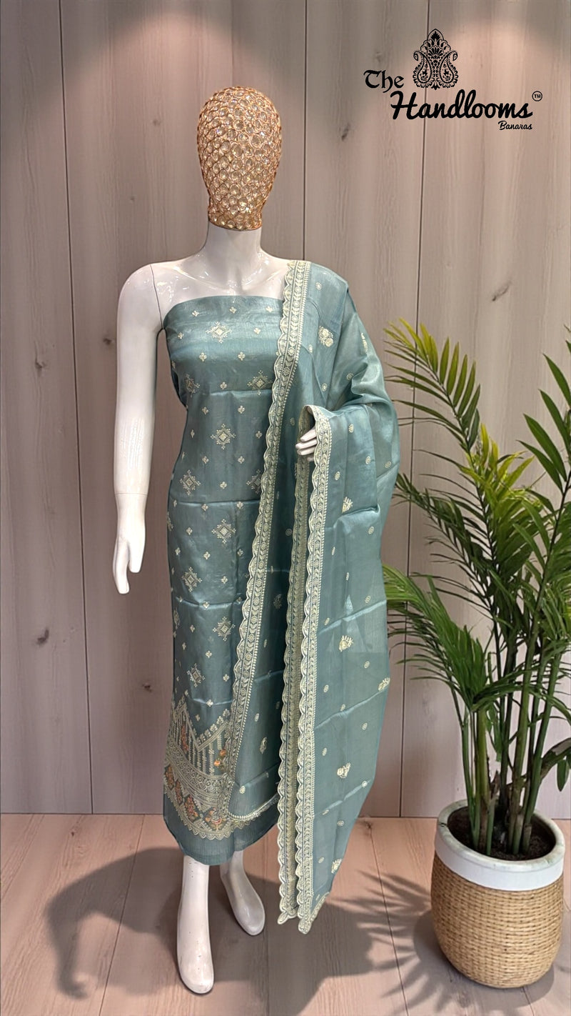 Pure Tussar Chikankari Handloom Banarasi Dress Material