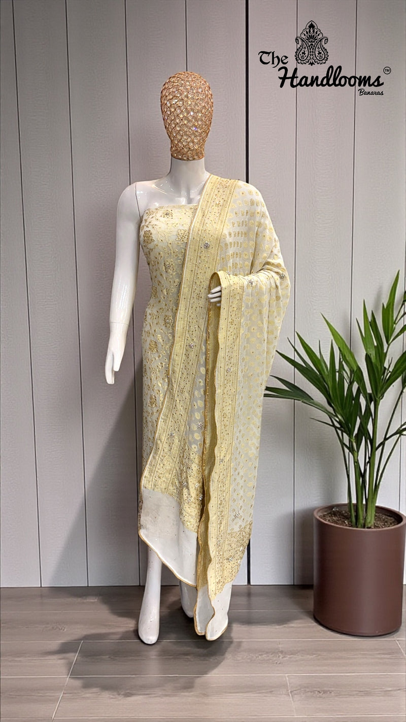 Pure Khaddi Georgette Handloom Banarasi Dress Material With Katdana,Zardozi,Stone,Diamond,Dapka