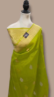Olive Green Pure Kora Handloom Banarasi Saree - Sona Roopa Alfi Kadua Boota - The Handlooms