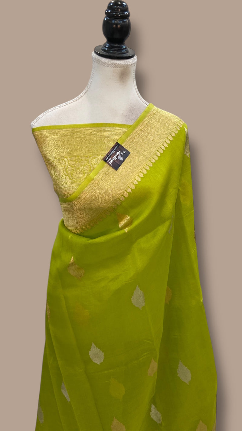 Olive Green Pure Kora Handloom Banarasi Saree - Sona Roopa Alfi Kadua Boota - The Handlooms