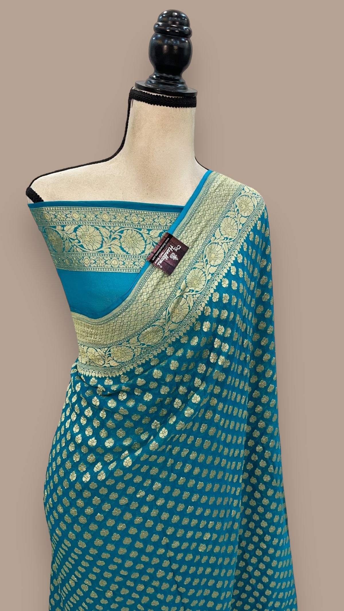 Beige Khaddi Georgette Pure Banarasi Saree With Navy Blue Silver Zari Border