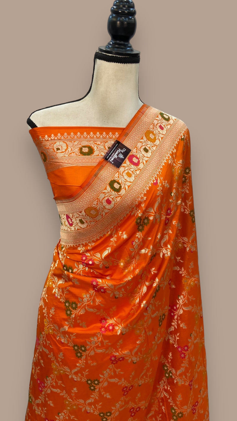 Orange Pure Katan Silk Banarasi Handloom Saree - All over Jaal work with Meenakari - The Handlooms