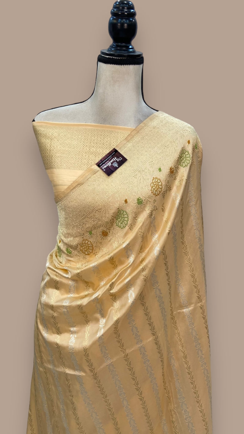 Pure Katan Silk Banarasi Handloom Saree - All over soona roopa  Kadua stripe - The Handlooms
