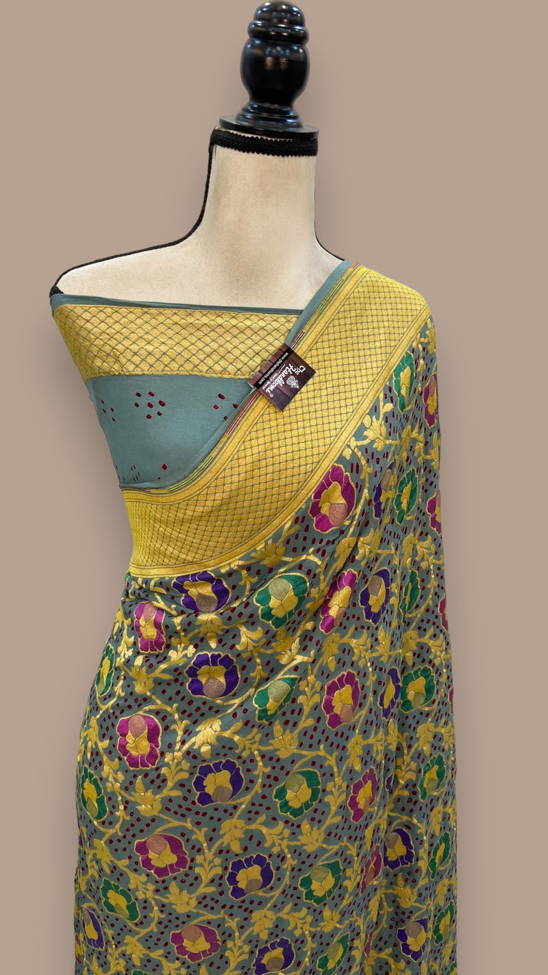 Pure Georgette Banarasi Bandhej Handloom Saree - with meenakari work - The Handlooms