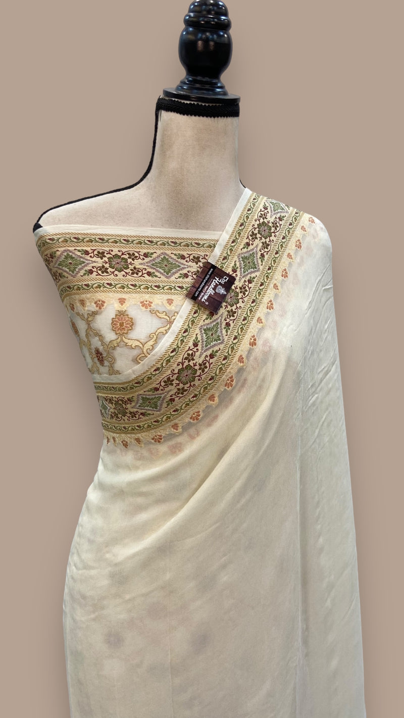 Off-white Pure Chiffon Khaddi Banarasi Saree - The Handlooms