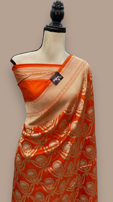 Orange Pure Katan Silk Banarasi Handloom Saree - All over Sona Roopa Jaal work