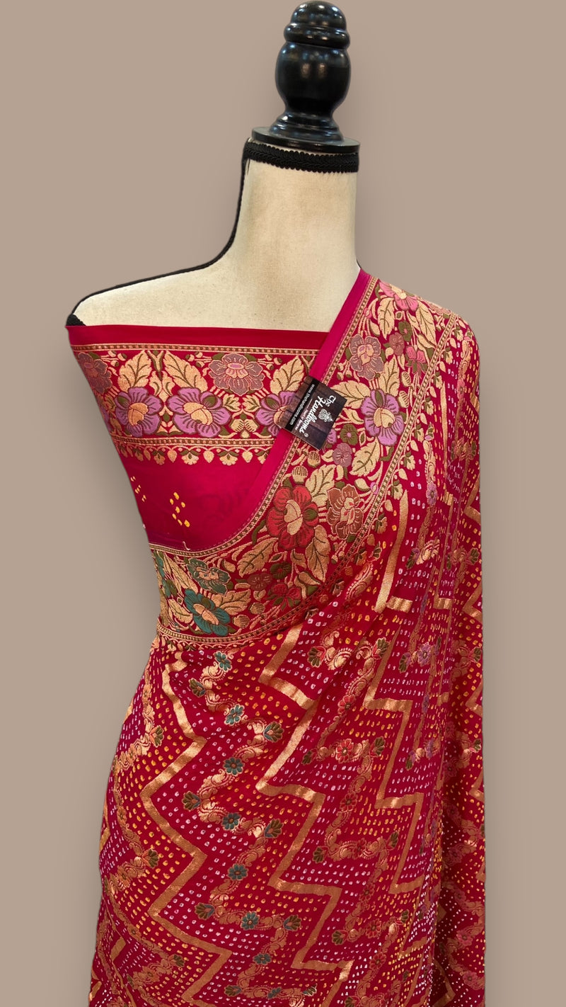 Pure Georgette Banarasi Bandhej Handloom Saree - with meenakari work - The Handlooms