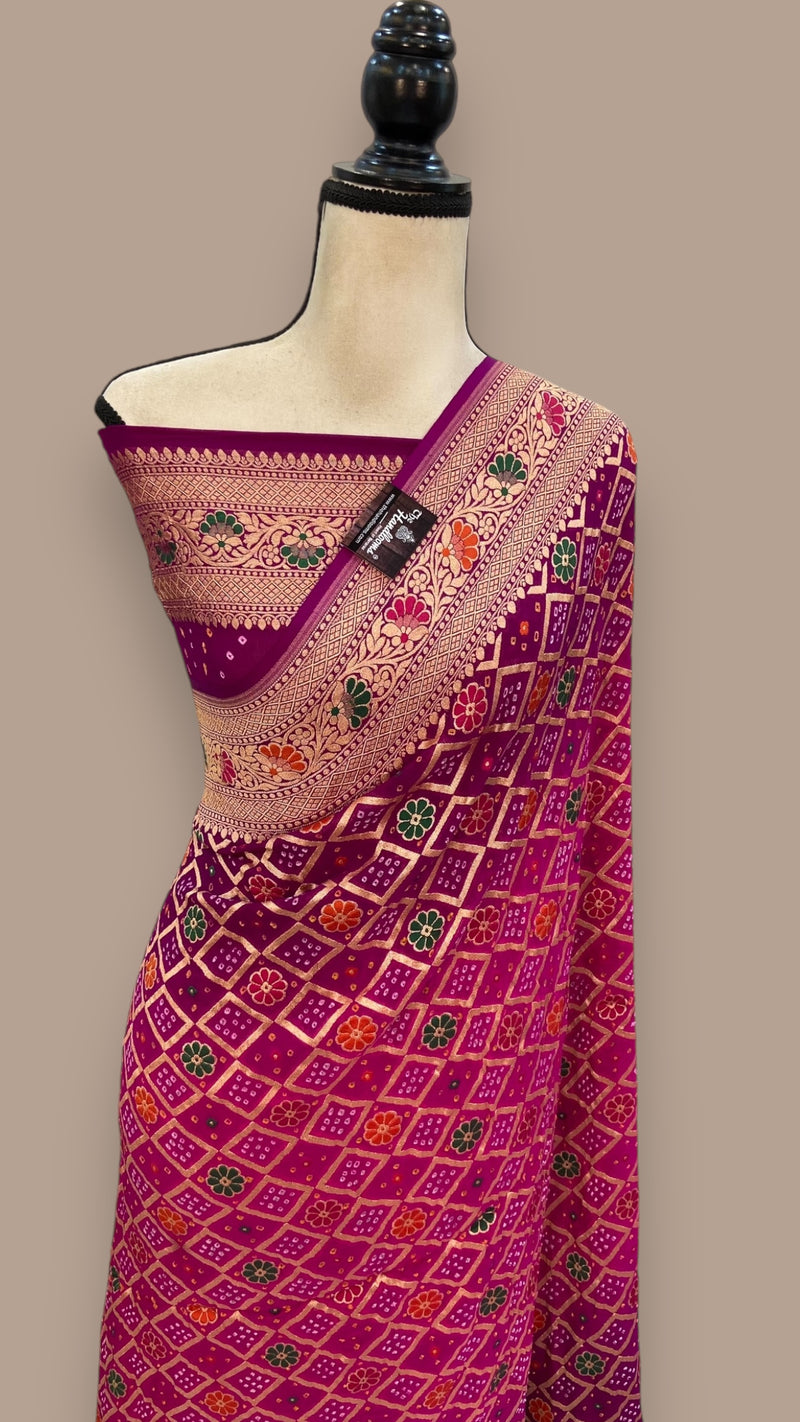 Pure Georgette Banarasi Bandhej Handloom Saree - with meenakari work - The Handlooms