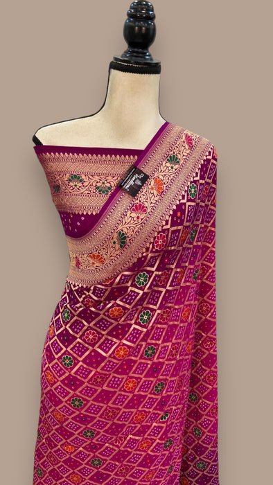 Pure Georgette Banarasi Bandhej Handloom Saree - with meenakari work