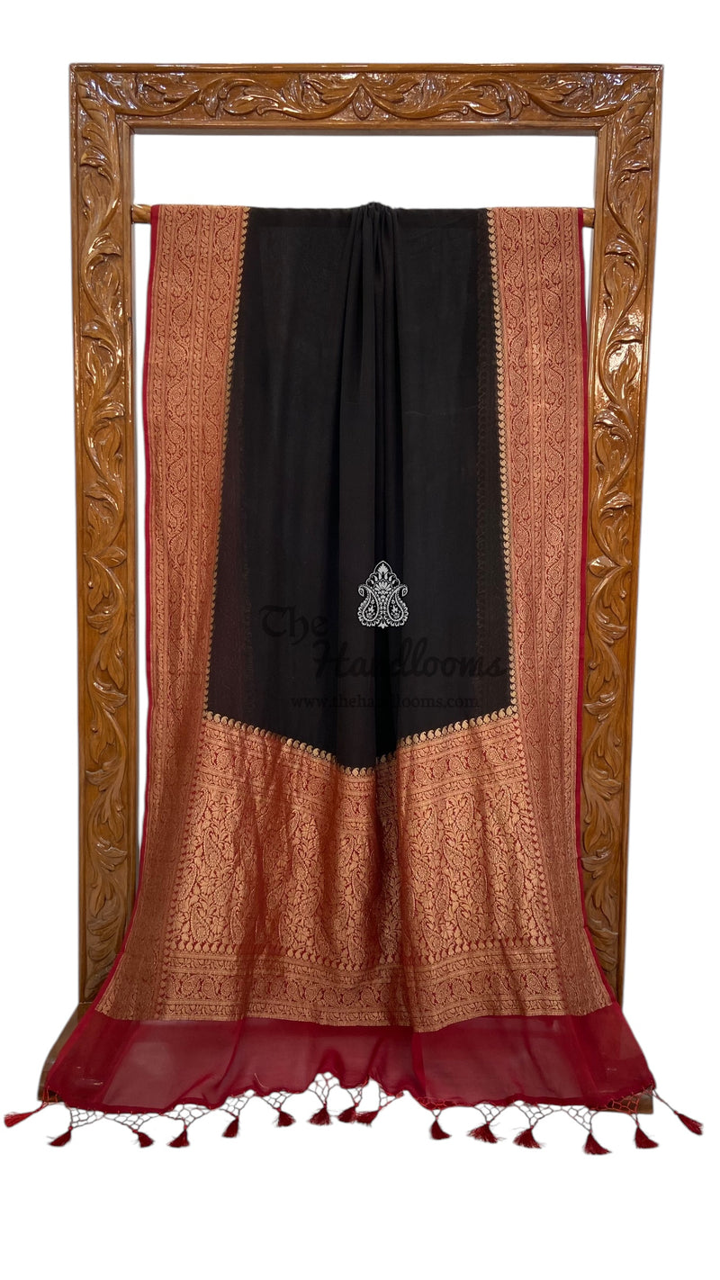 Black Pure Khaddi Georgette Handloom Banarasi Saree - The Handlooms