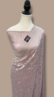 Khaddi Georgette Banarasi Saree with all silver zari jaal work - The Handlooms