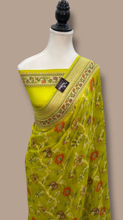Lime Green Pure Chiffon Khaddi Banarasi Saree - The Handlooms