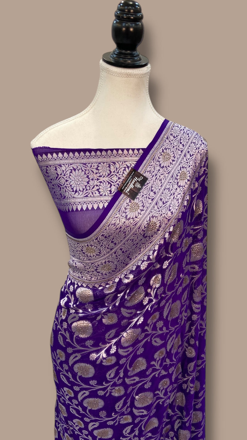 Khaddi Georgette Handloom Banarasi Saree with Siroski Stone Work - The Handlooms