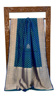 German Blue Pure Katan Silk Banarasi Handloom Saree - All Over Motifs - The Handlooms
