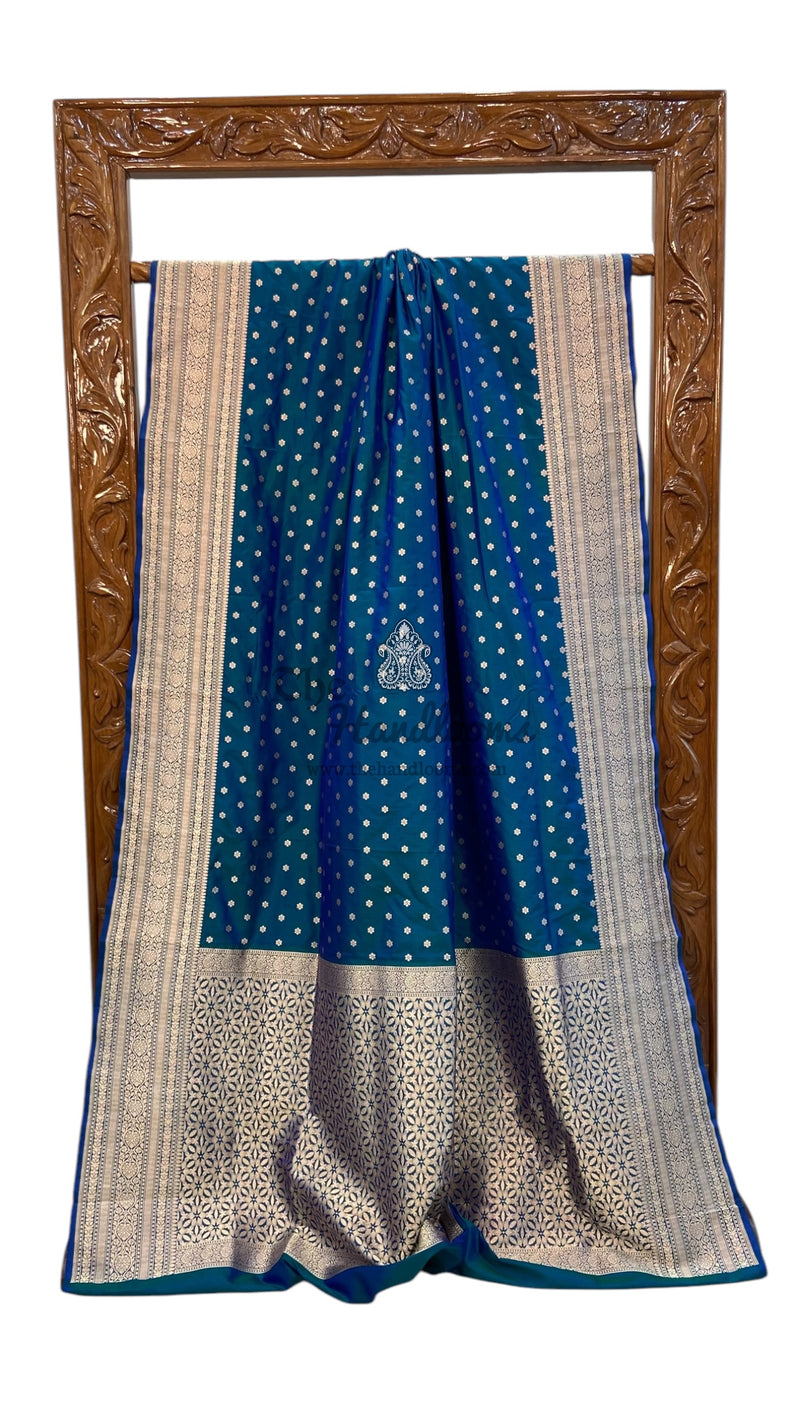 German Blue Pure Katan Silk Banarasi Handloom Saree - All Over Motifs - The Handlooms