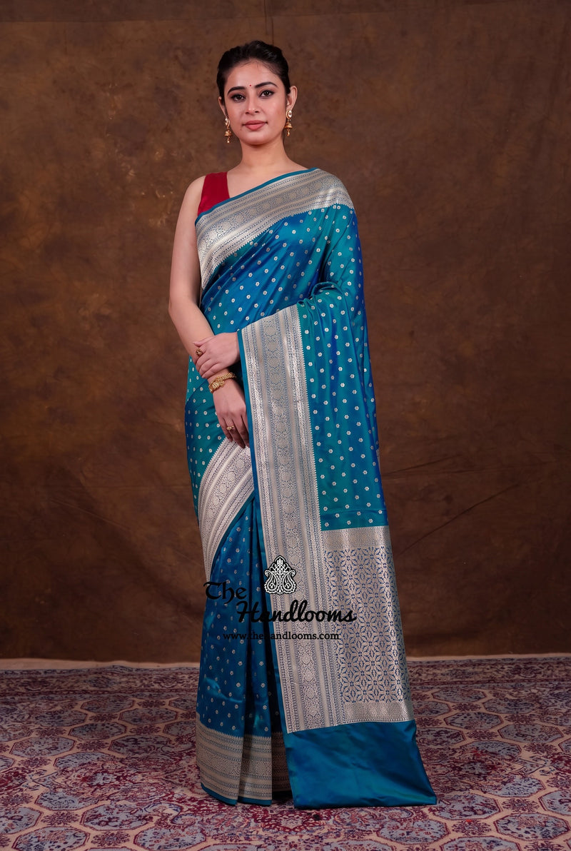 German Blue Pure Katan Silk Banarasi Handloom Saree - All Over Motifs