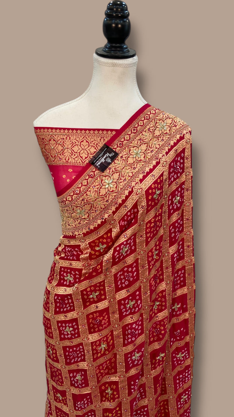 Pure Khaddi Georgette Banarasi Bandhej Handloom Saree with Handwork: Gota Patti, Zardozi, Diamond Chain, Katdana, and Abla Detailing - The Handlooms