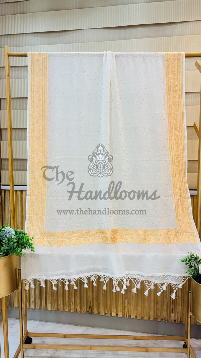 Pure Khaddi Georgette Dupatta - White gold zari - The Handlooms