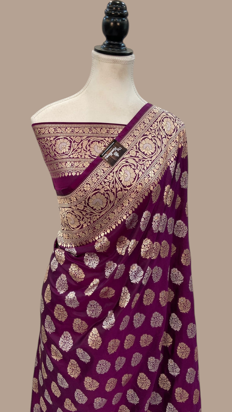 Purple Pure Katan Silk Banarasi Handloom Saree - All Over Sona Roopa Jaal Work - The Handlooms