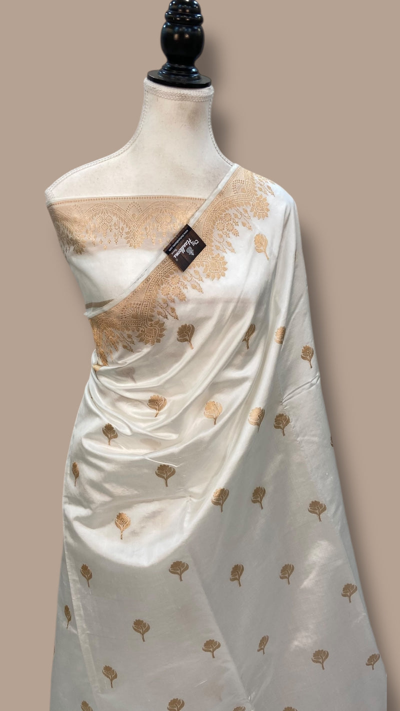 White Pure Katan Silk Banarasi Handloom Saree - All over Kadua motifs - The Handlooms