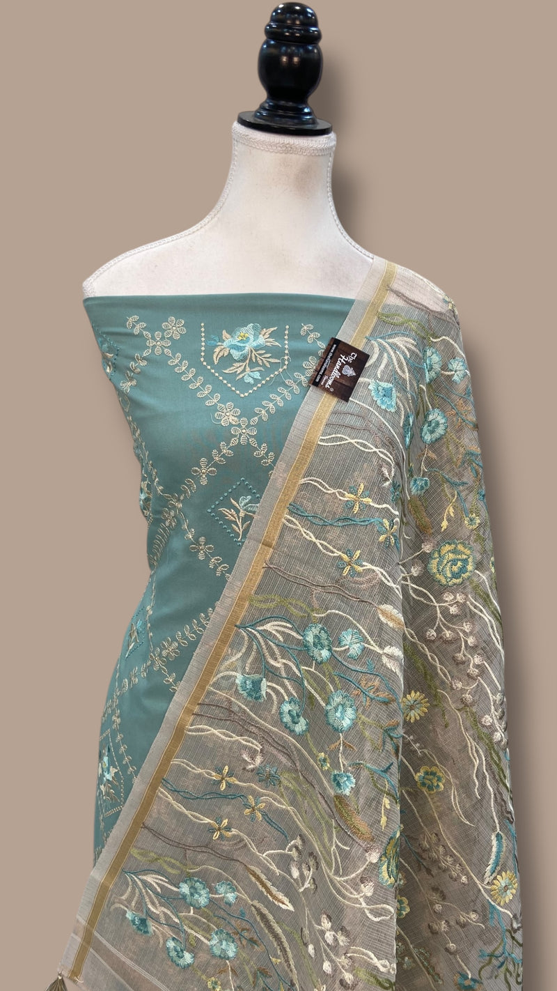 Pure Chanderi Cotton Banarasi Dress material - Chikankari With Organza Dupatta - The Handlooms