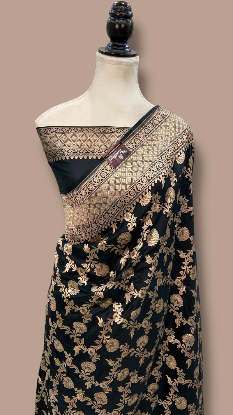 Black Pure Katan Silk Banarasi Handloom Saree - All over jaal work - The Handlooms
