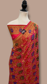 Pure Georgette Banarasi Bandhej Handloom Saree - With Meenakari Work - The Handlooms