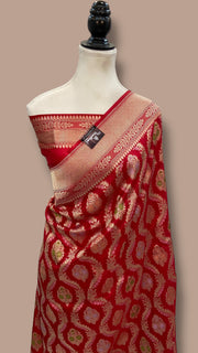Red Pure Katan Silk Banarasi Handloom Saree - All Over Jaal Work - With Meenakari - The Handlooms