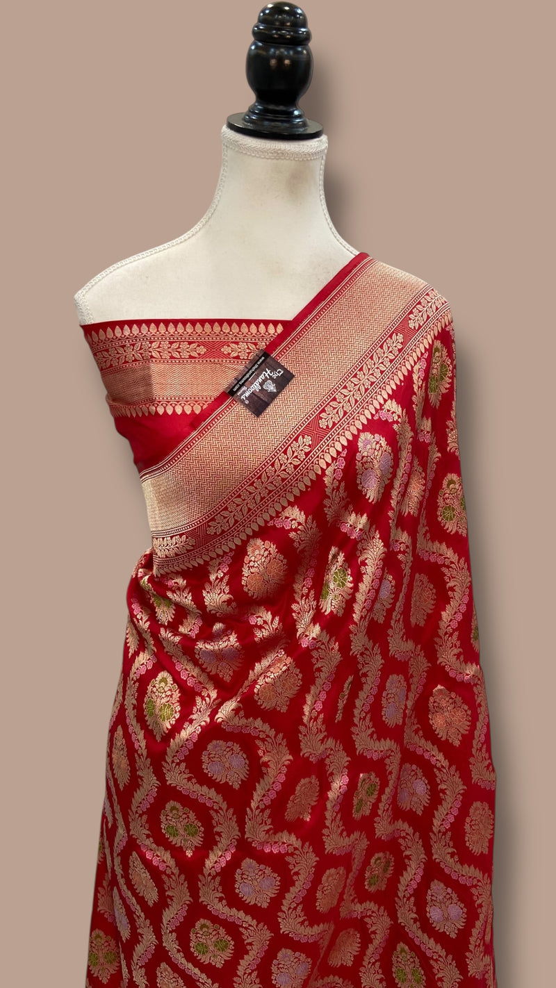 Red Pure Katan Silk Banarasi Handloom Saree - All Over Jaal Work - With Meenakari - The Handlooms