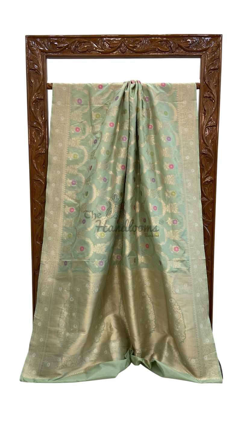 Pista Pure Katan Silk Banarasi Handloom Saree - All Over Jaal Work - With Meenakari - The Handlooms