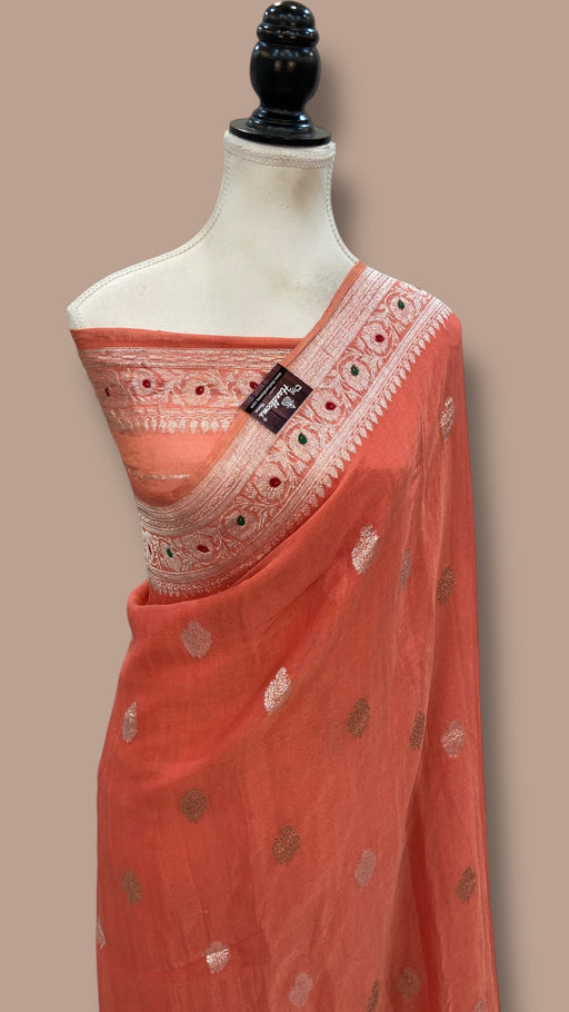 Handloom Banarasi Khaddi Georgette Tissue Saree | All-Over Sona Roopa Kadua Motifs & Meenakari - The Handlooms