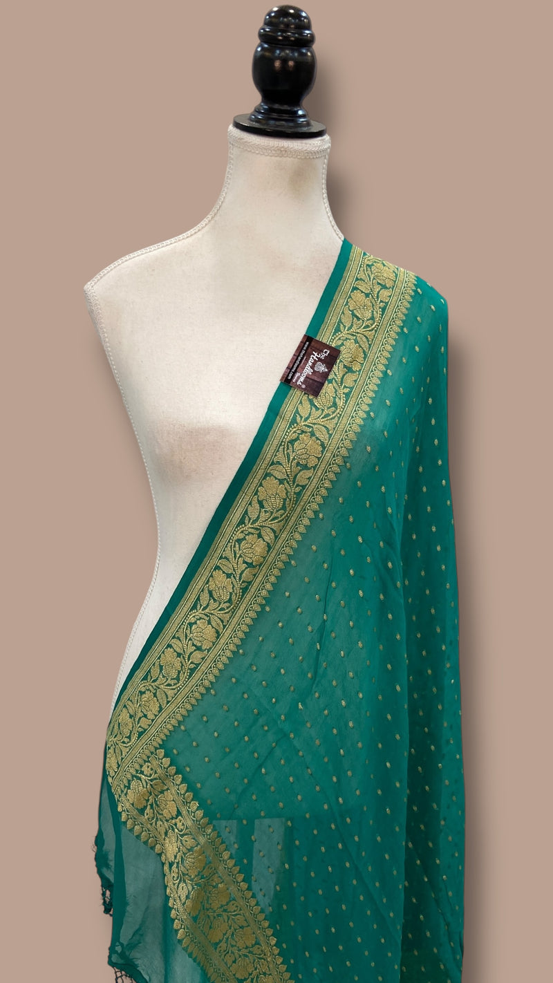 Pure Georgette Dupatta - Emerald Green Gold Zari - The Handlooms