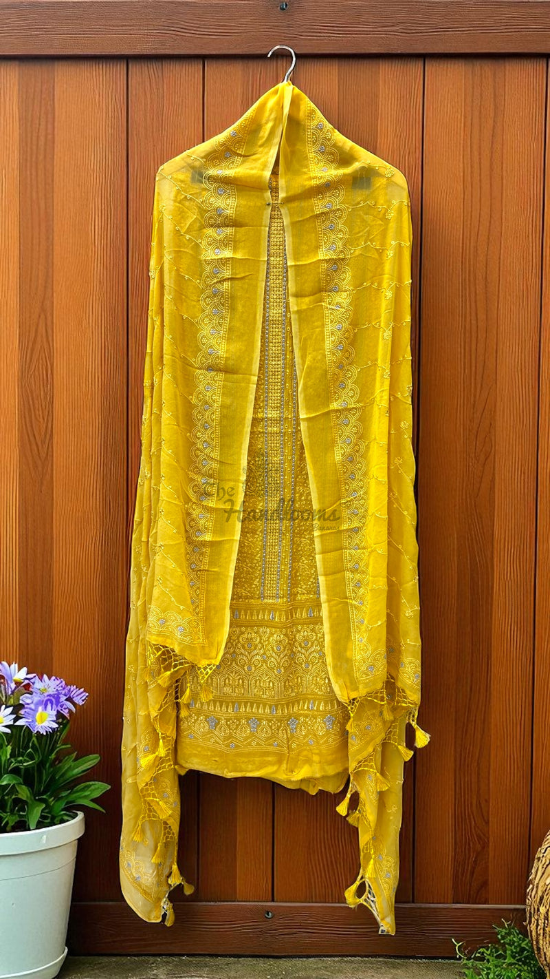 Pure Georgette Banarasi Chikan kari Dress Material - The Handlooms