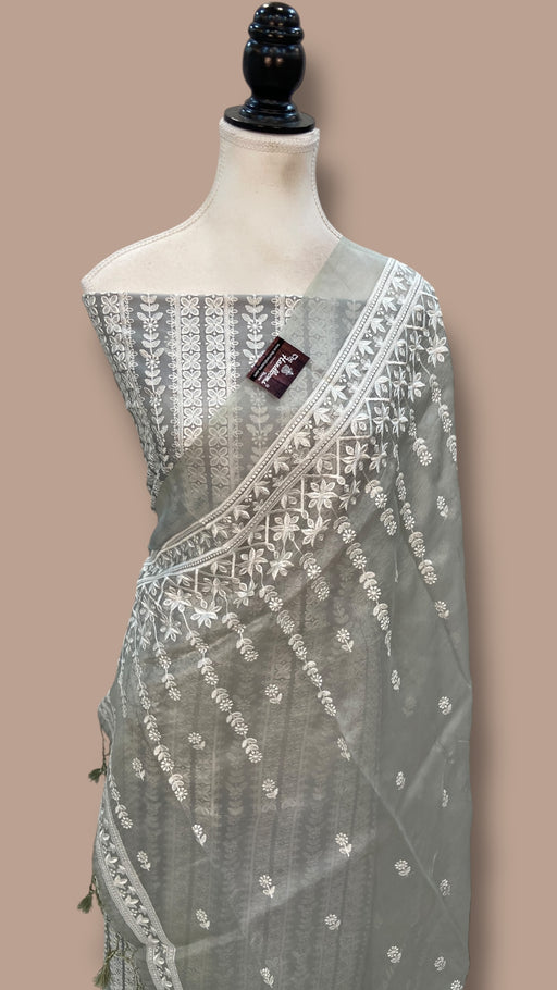 Pure Organza Chikankari Handloom Banarasi Dress Material - The Handlooms