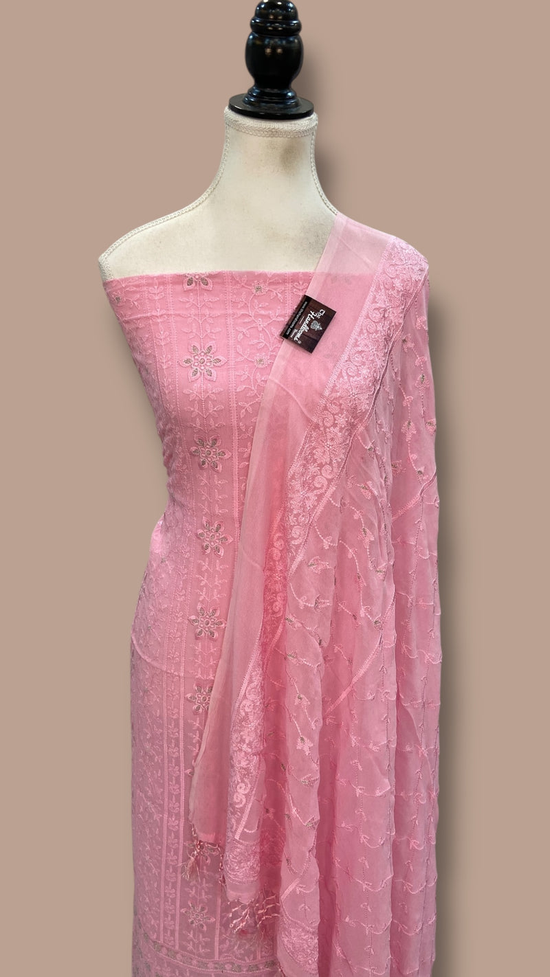 Pure Georgette Banarasi Chikankari Dress Material - The Handlooms
