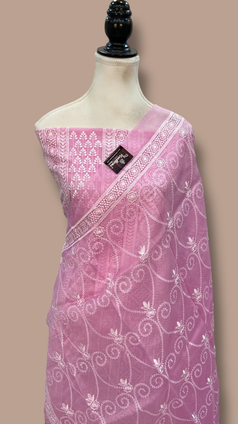 Pure Organza Chikankari Handloom Banarasi Dress Material - The Handlooms