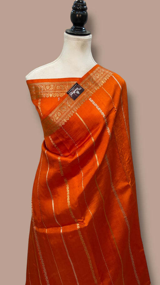 Pure Katan Silk Banarasi Handloom Saree - All Over Kadua Stripe - The Handlooms
