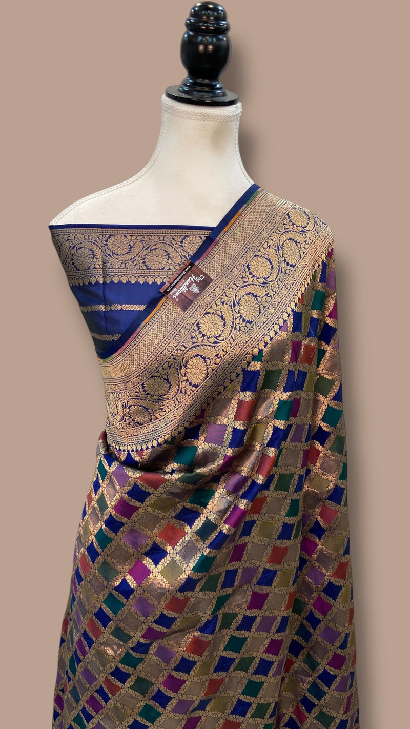 Multicolor Pure Katan Silk Banarasi Handloom Saree - All over Jaal Work With Rangkart - The Handlooms