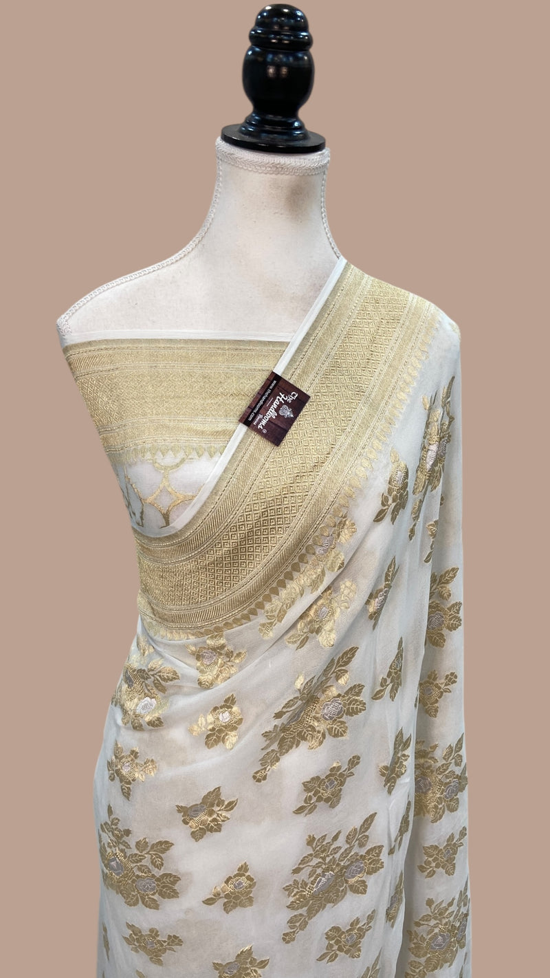 Khaddi Georgette Handloom Banarasi Saree - All Over Sona Roopa Jaal Work - The Handlooms