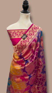 Multicolor Pure Katan Silk Banarasi Handloom Saree - All over Jaal Work With Rangkart - The Handlooms