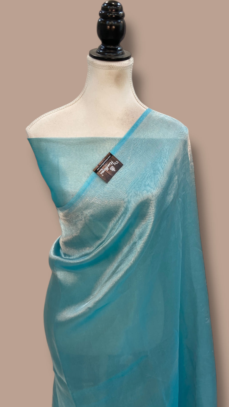 Aqua Blue Pure Kora Handloom Banarasi Saree - Plain
