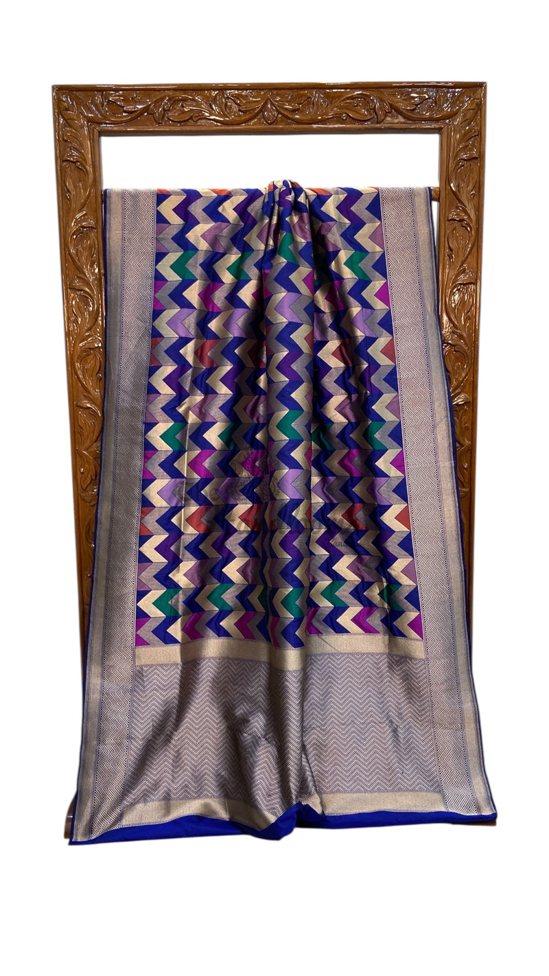 Multicolor Pure Katan Silk Banarasi Handloom Saree - All over Jaal Work With Rangkart