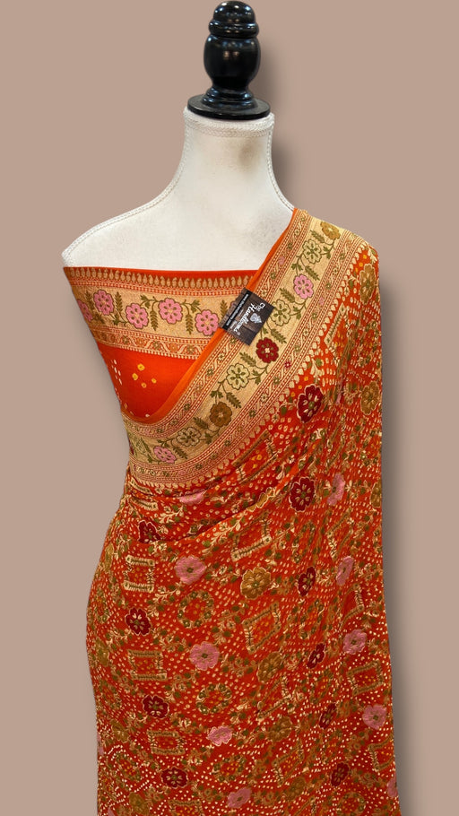 Pure Georgette Banarasi Bandhej Handloom Saree - Meenakari - The Handlooms