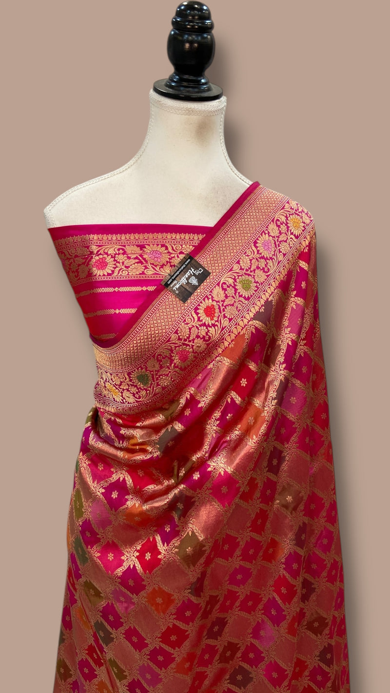 Multicolor Pure Katan Silk Banarasi Handloom Saree - All over Jaal Work With Rangkart - The Handlooms