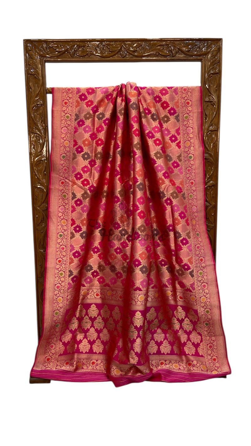 Multicolor Pure Katan Silk Banarasi Handloom Saree - All over Jaal Work With Rangkart - The Handlooms