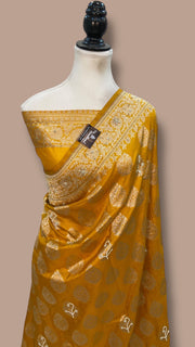Mustard Pure Katan Silk Banarasi Handloom Saree - All Over Boota With Zardosi Handwork - The Handlooms