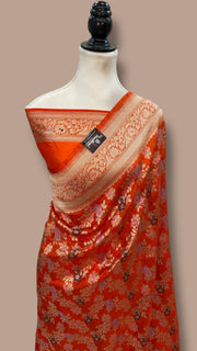 Orange Pure Katan Silk Banarasi Handloom Saree - All over Jaal Work With Meenakari - The Handlooms