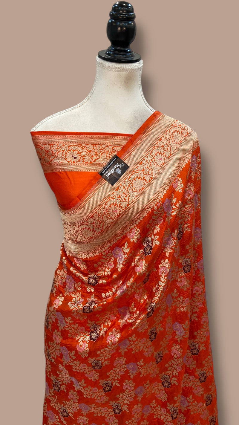 Orange Pure Katan Silk Banarasi Handloom Saree - All over Jaal Work With Meenakari - The Handlooms